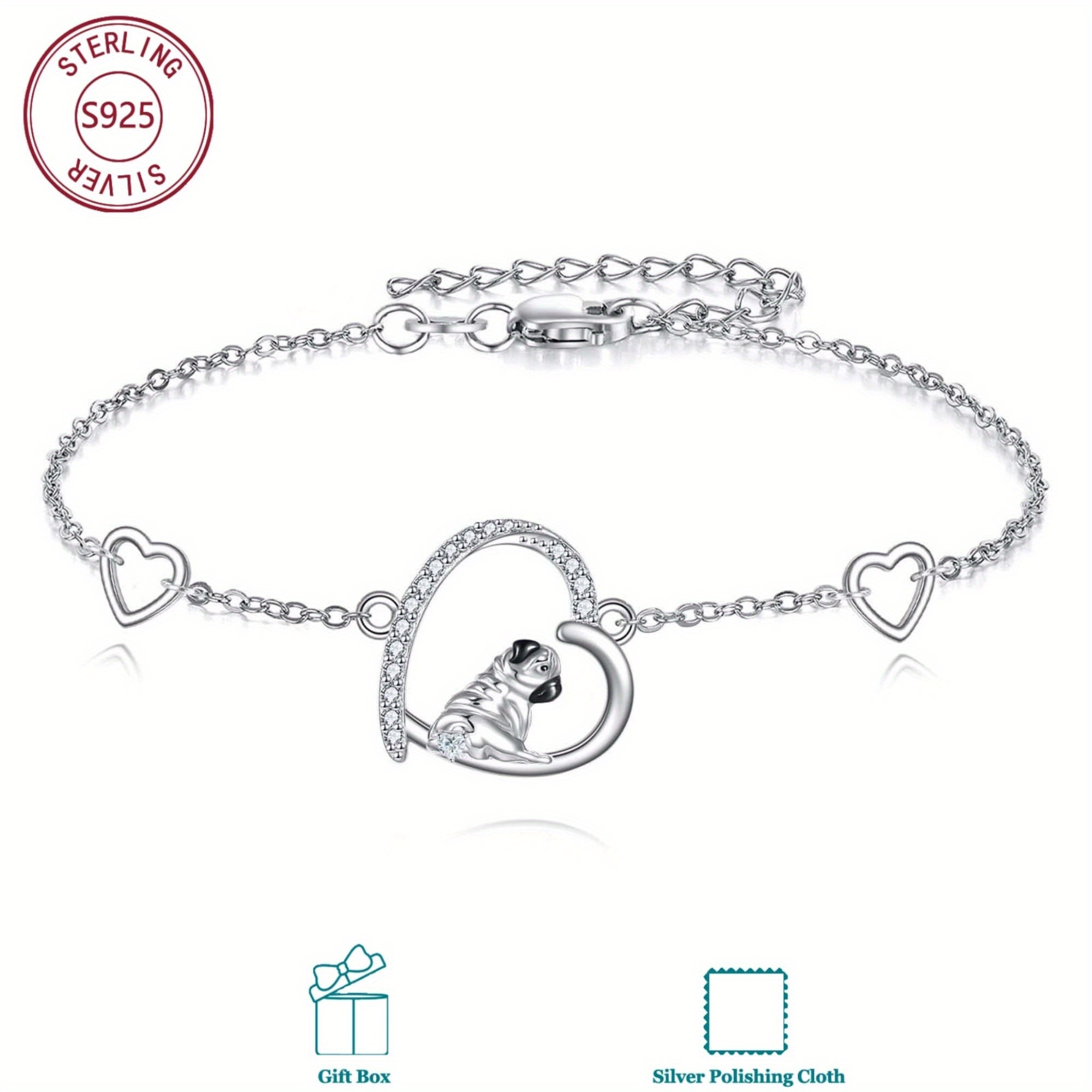 Image of 925 Sterling Silver Pug Bracelet With Synthetic Zirconia, Bracelet, Jewelry For Women, Pug Gifts For Lovers