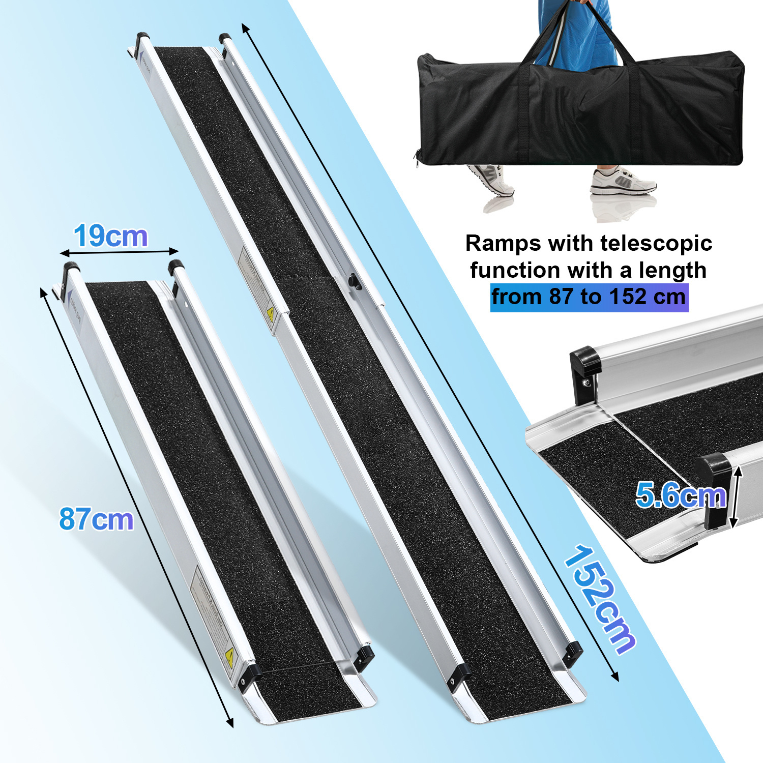 Image of 2 Aluminum Wheelchair Ramps Of Supporting Up To 300 Kg, Featuring A Telescopic Design With A Fabric Carrying Bag, Foldable For , And In Sizes For Stair Access