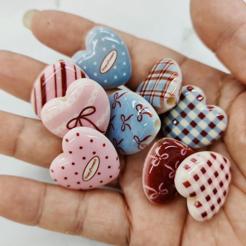 TEMU 15pcs Set, Mixed Pack, 24mm Painted Polka Dot Striped Bow Heart Acrylic Beads, Adult Craft Accessories, Beaded Jewelry Materials, Creative