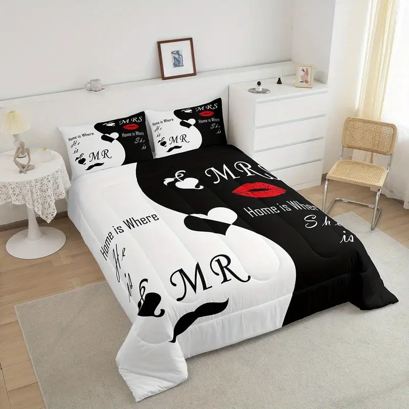 2 3pcs valentines day bedding set his and hers comforter set for women men black white comforter quilt set with 1 2 pillowcases room decor soft warm festival birthday gifts decoration ornaments Product details 3