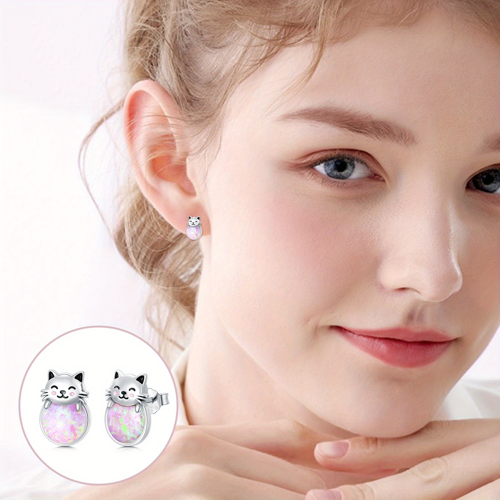 Opal Cat Stud Earrings Women Jewelry