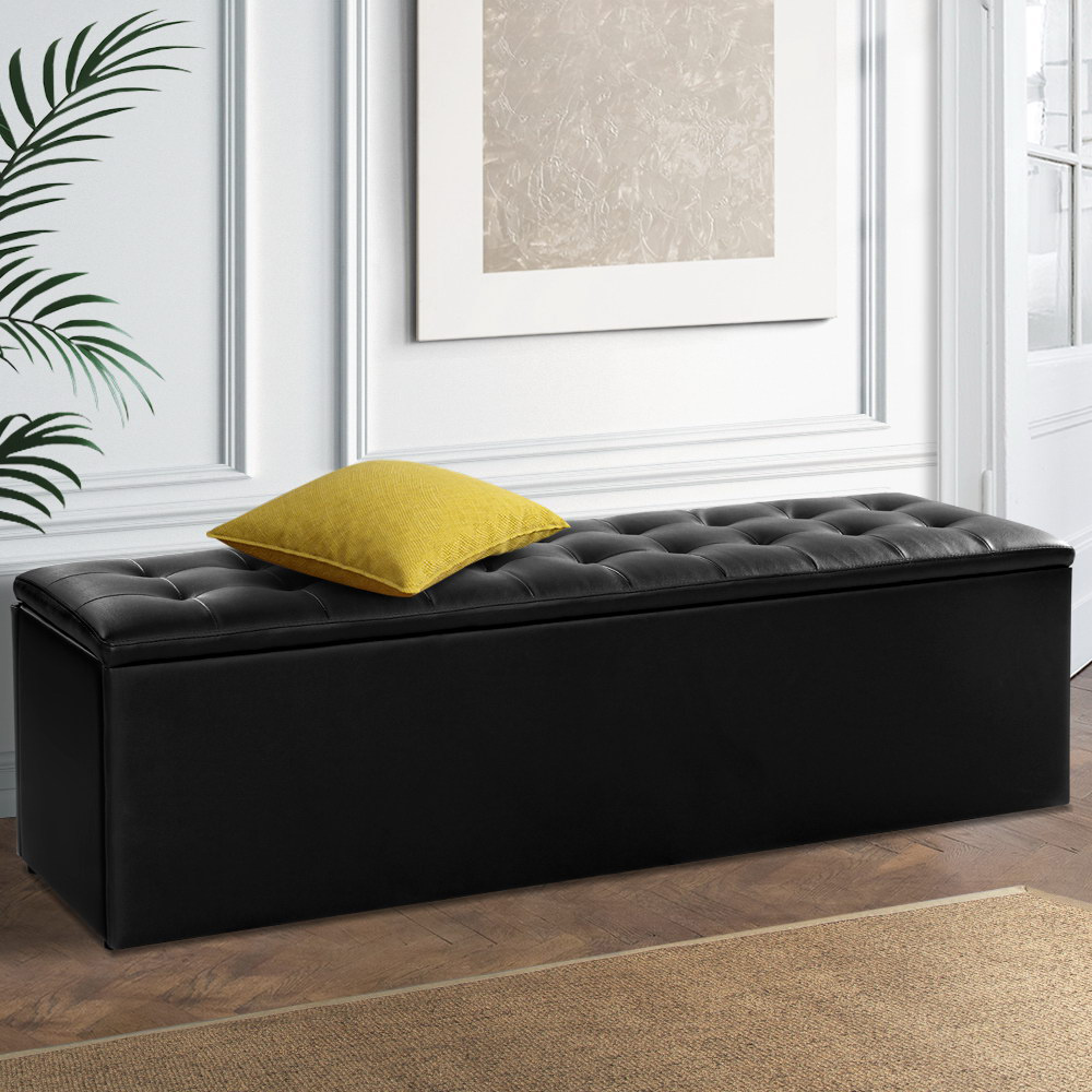 TEMU Artiss Extra- 140cm Leather Storage Ottoman With Lift-top Lid & Hinged Lid - Black Tufted Footrest, Cushioned, Hidden Storage Box, Protectors -