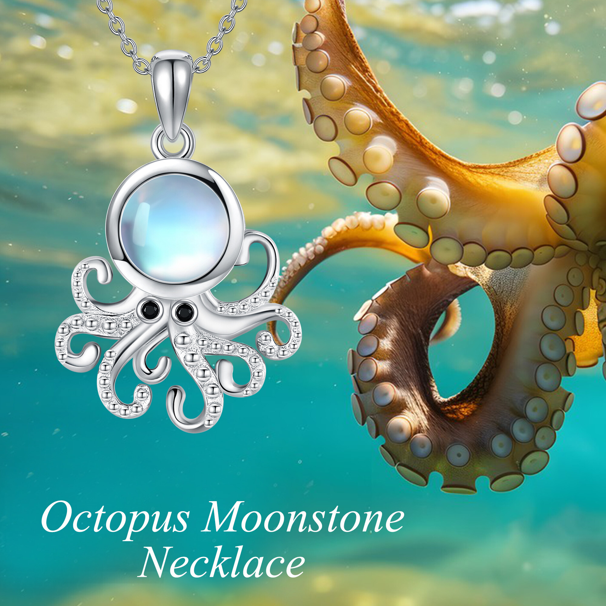 925 Sterling Silver Octopus Necklace with Synthetic Moonstone