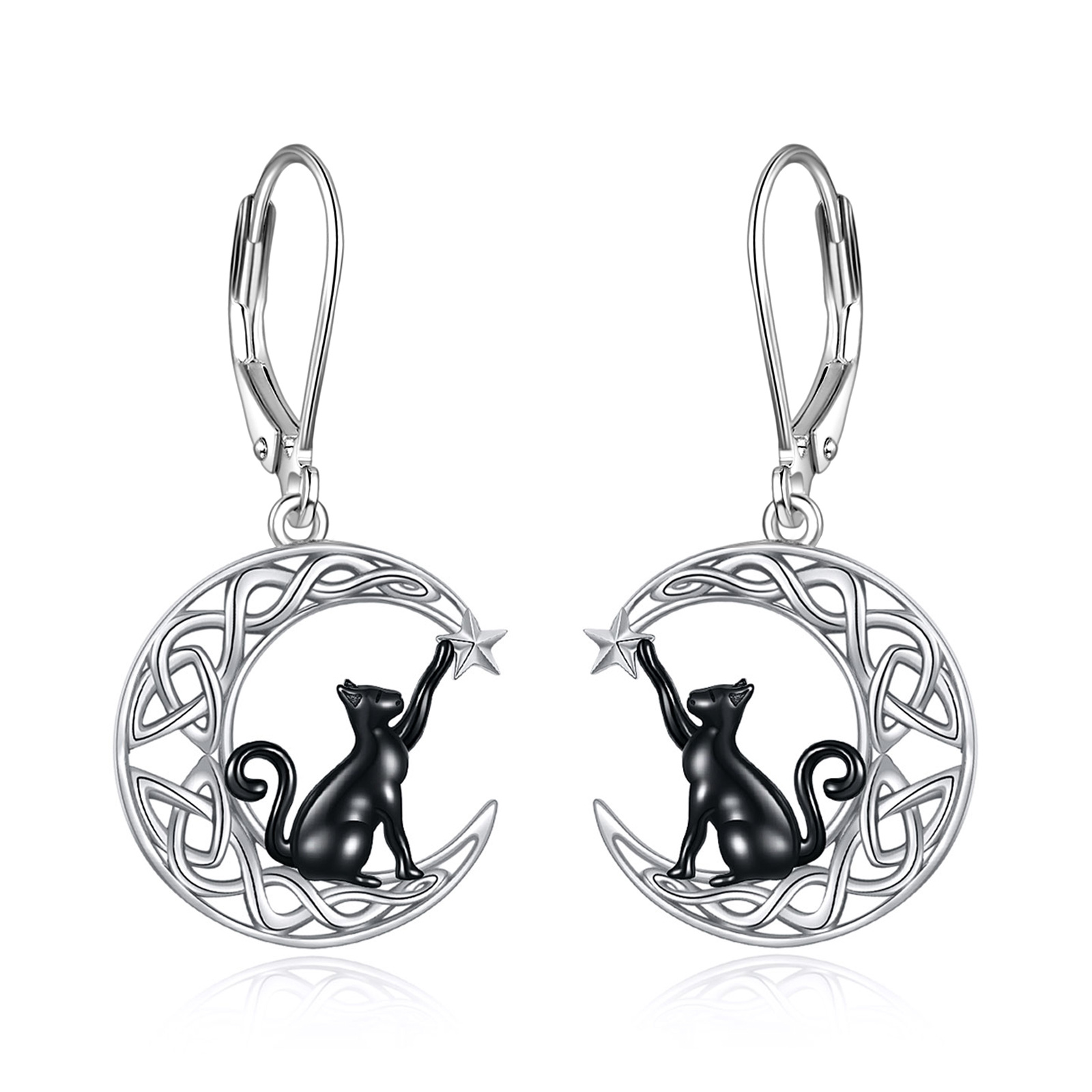 Image of Celtic-inspired Moon Cat Earrings Made Of 925 Sterling Silver, Perfect For Goth Halloween Gifts For Women And