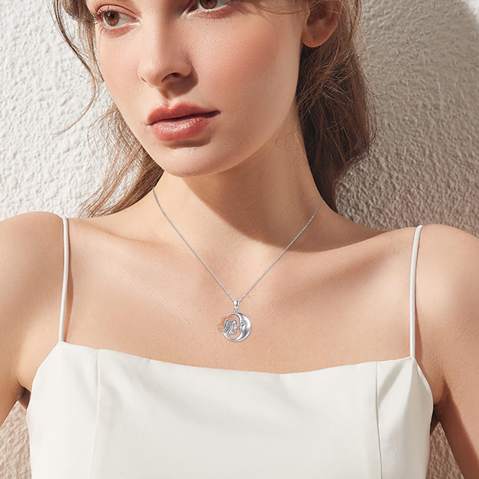 YFN 925 Silver Moon Face Necklace with Floral Design
