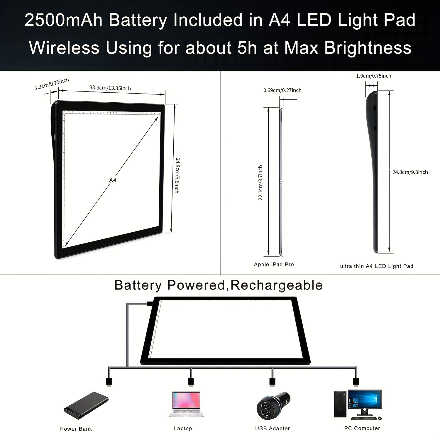  A4 Wireless Battery Powered Light Pad, Tracing Light Box  Dimmable Brightness Rechargeable LED Light Board Portable Cordless Copy  Board For Artist Drawing Sketching X-ray Viewing