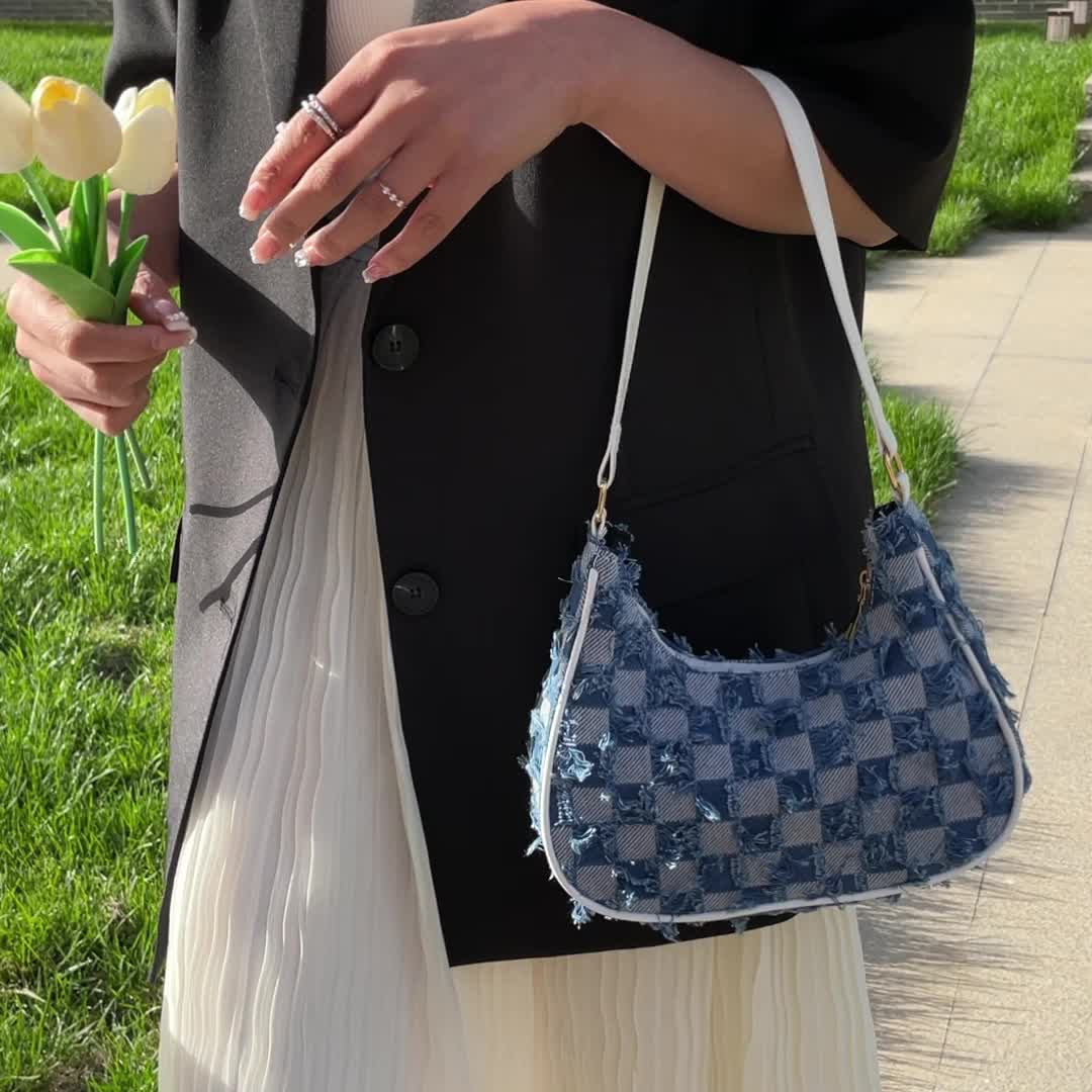 Vintage Denim Checkered Crescent Bag Fashion Simple Underarm Bag