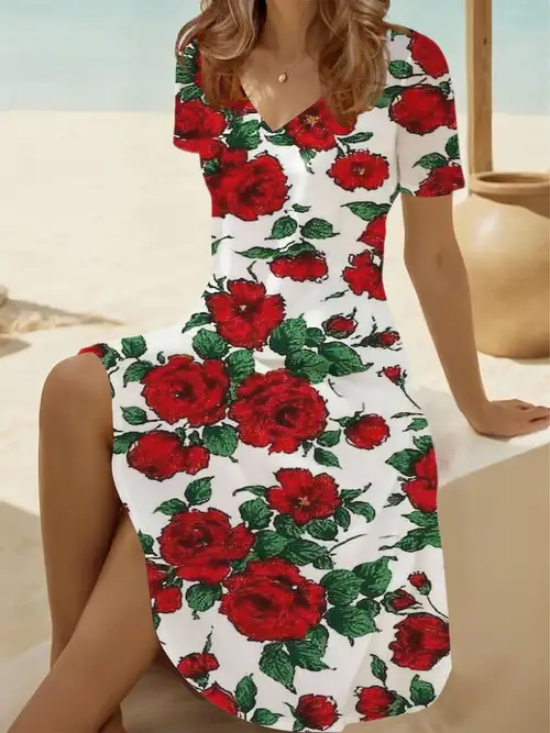 summer dress casual roses Chiclily Women's Summer Dress Yellow Leaves Rose Small Casual Short Sleeve V Neck T Shirt Dresses with Pockets
