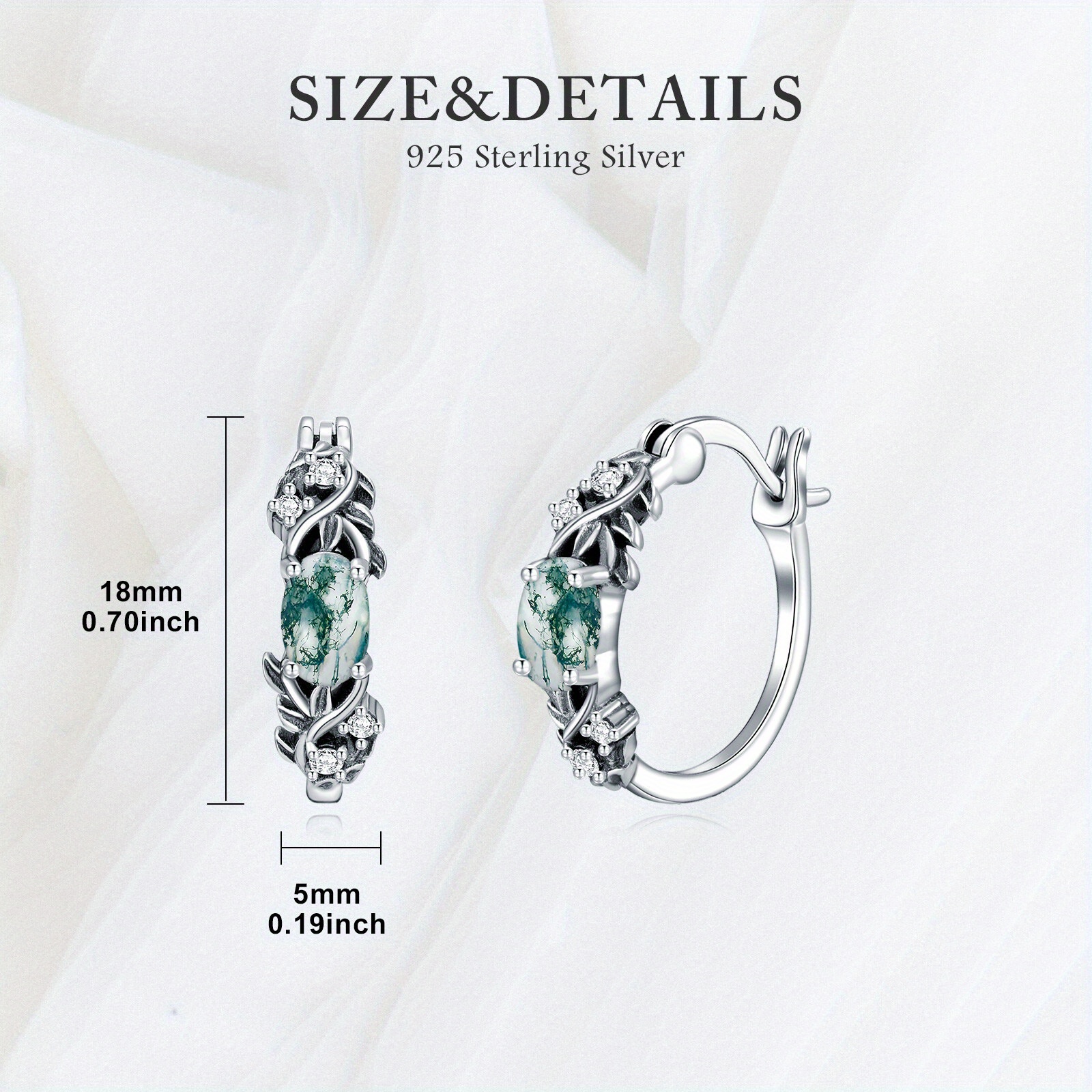 vintage leaf moss agate hoop earrings 925 sterling silver oval   agate with retro leaf hoop earrings for women gifts Product details 1