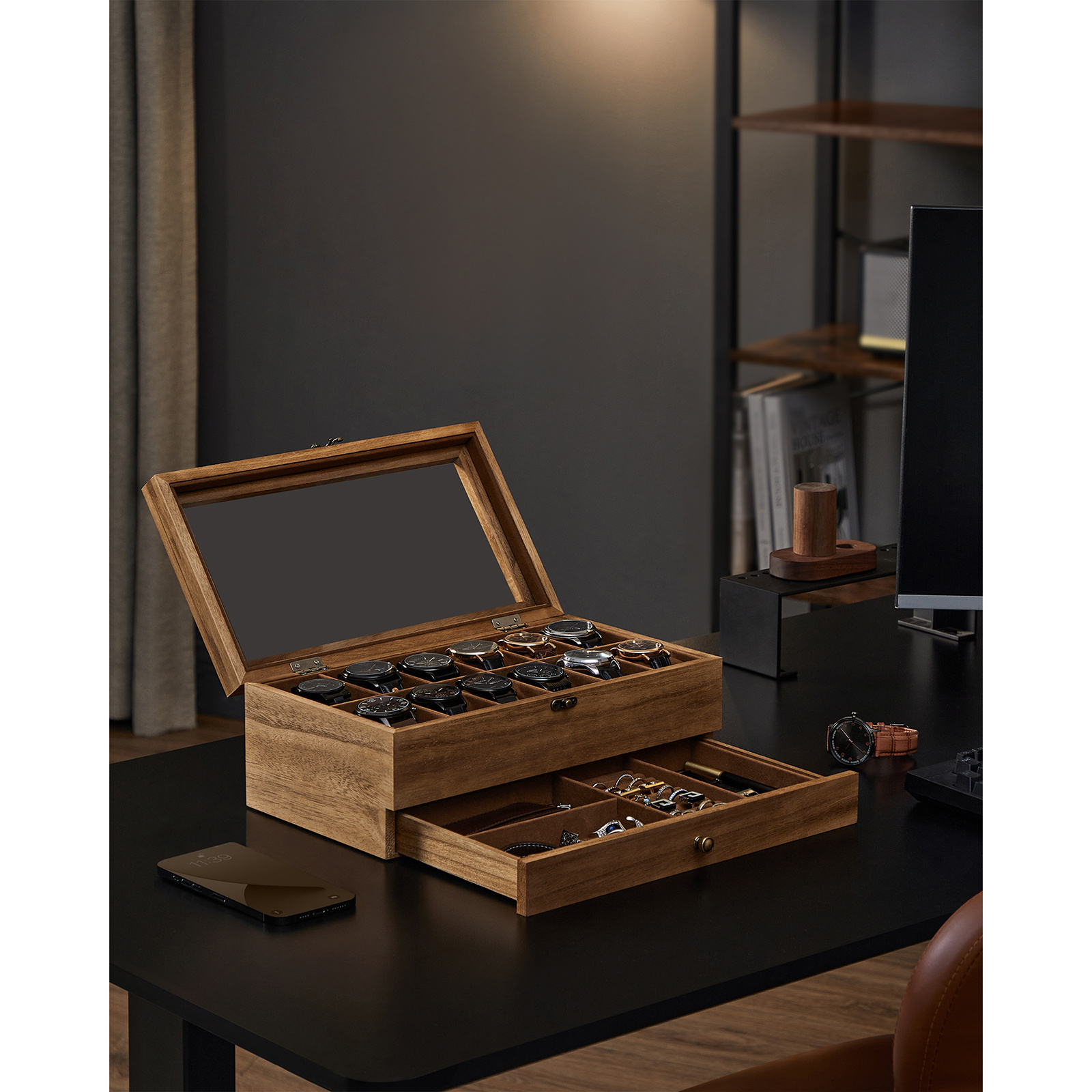 E-shop Elegante SONGMICS 12-Fächer Holzuhrenbox mit Glasdeckel, Samtfutter & Polstern – für Schmuck- und Uhrenaufbewahrung, Stilvolles Geschenk für