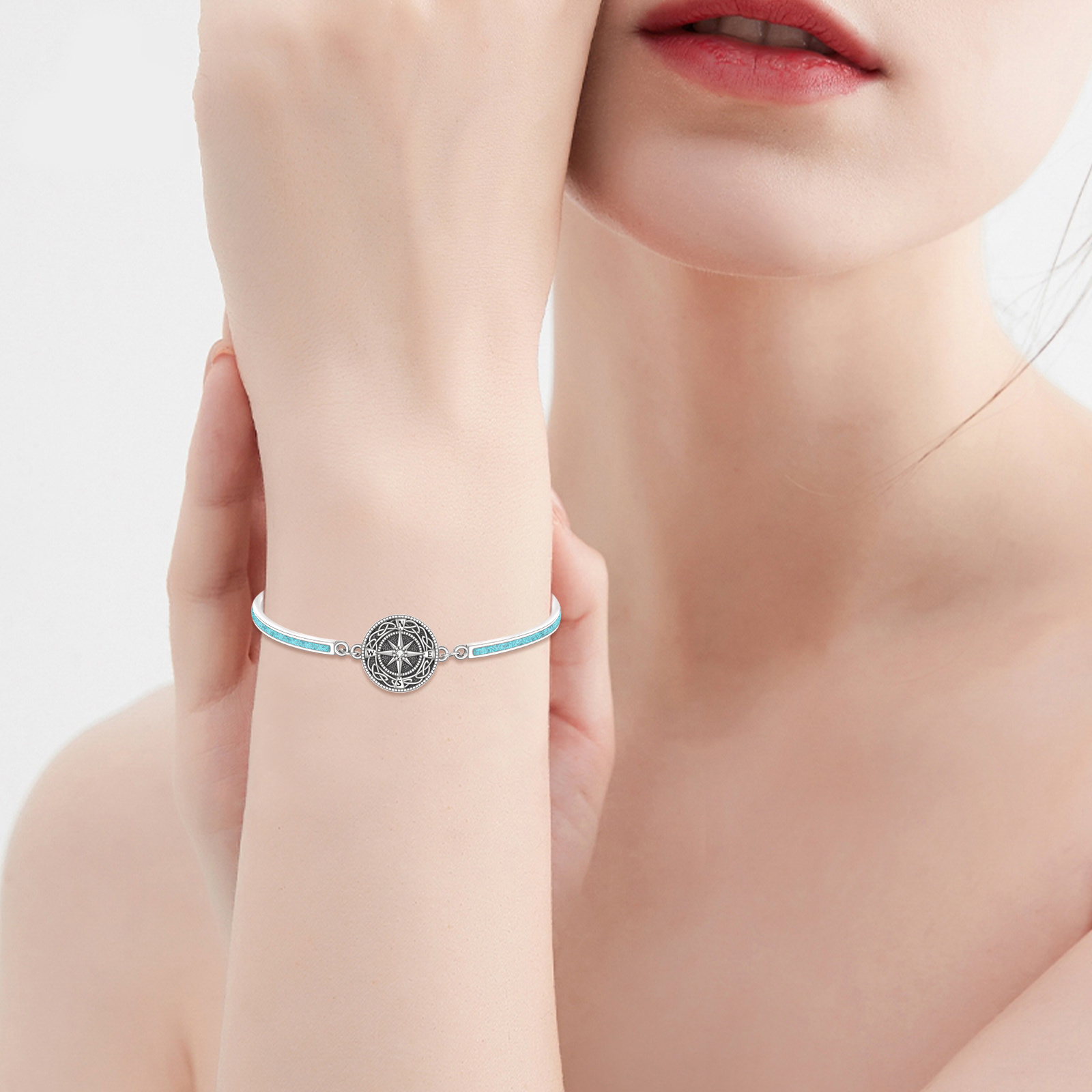 Women's 925 Sterling Silver Compass Bangle Bracelet with Synthetic Turquoise