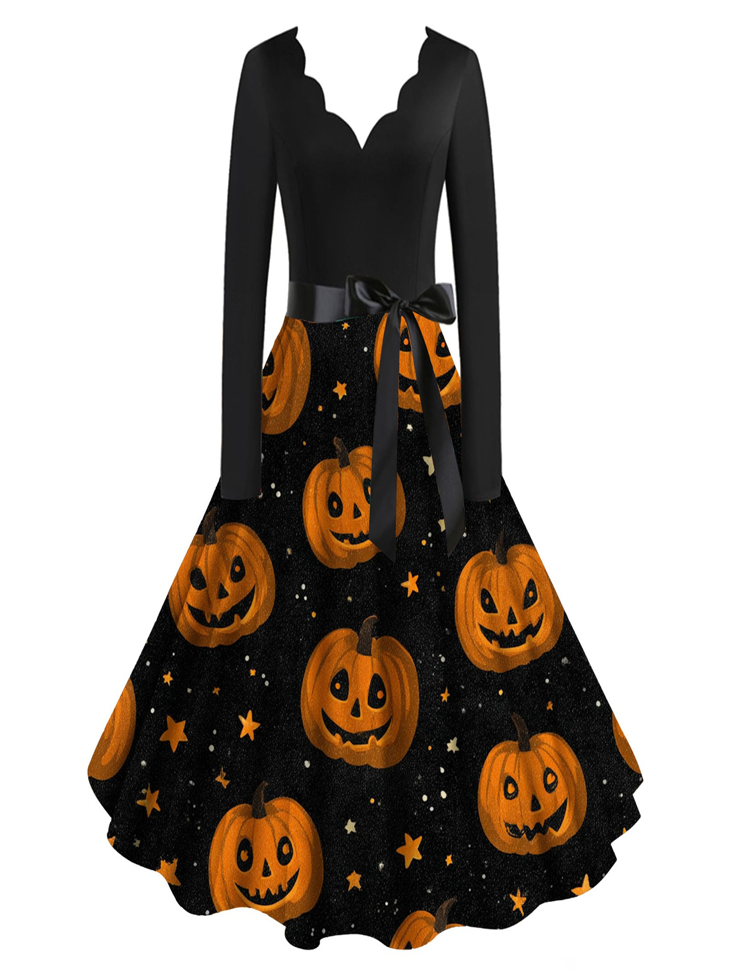 item picture womens halloween vintage swing dress scalloped v neck long sleeve spliced design with tie waist print skirt ideal for festival parties theme events and daily   multiple prints     fit a line style create elegant  