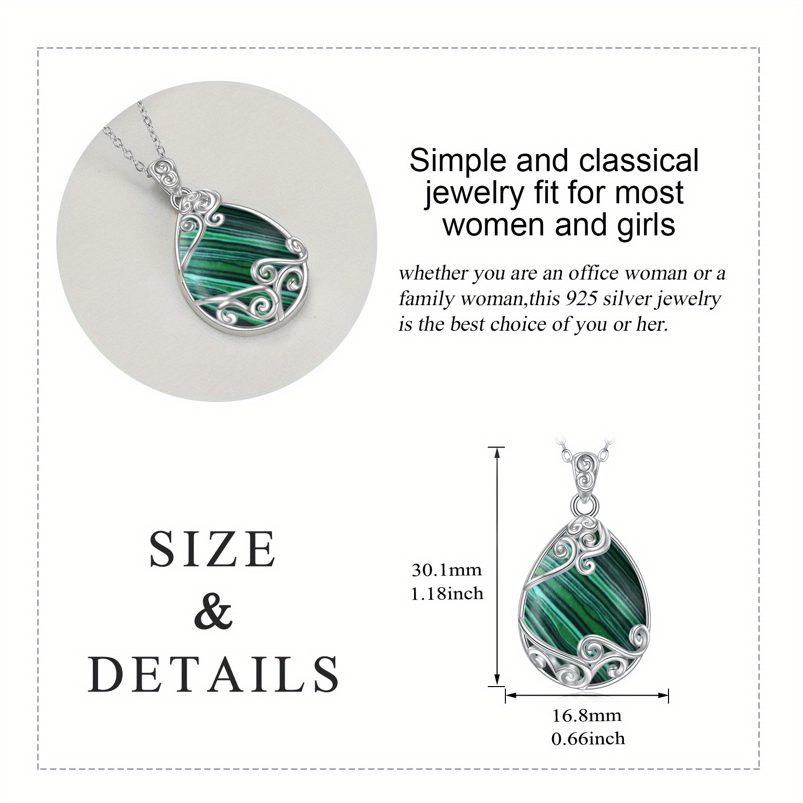 Unisex Adjustable 925 Sterling Silver Malachite Pendant Necklace