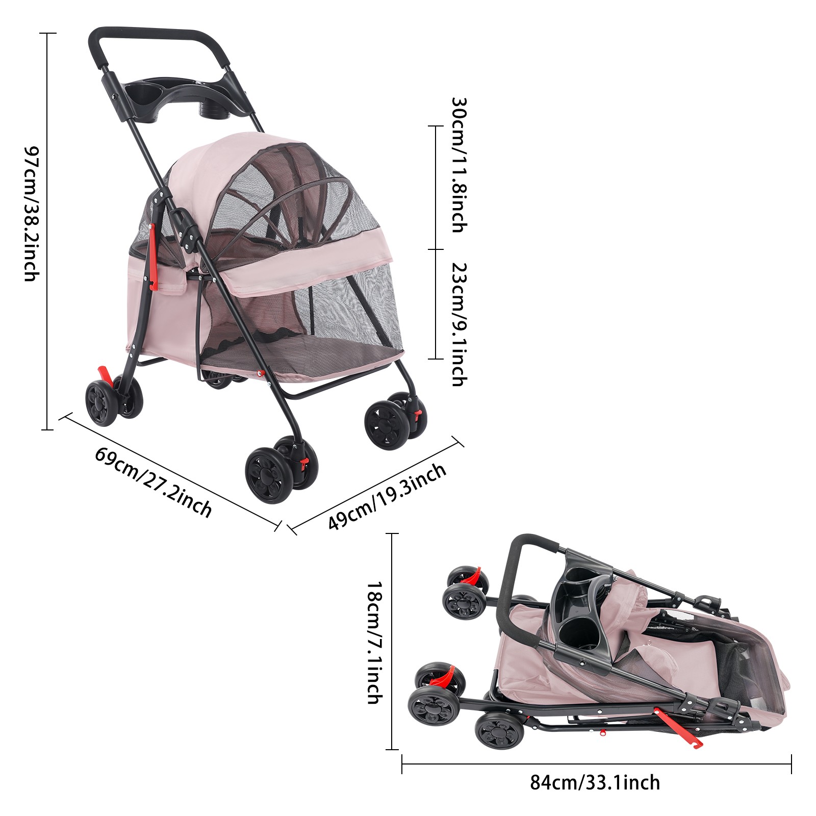 Image of Quiltern, Rolling Pale Pinkish Grey Color Foldable Pet Travel Cart, 10-40lbs Load Capacity Free Standing Pet Cart, Pet Cart Pet Cart For Small To Medium Dogs And Cats