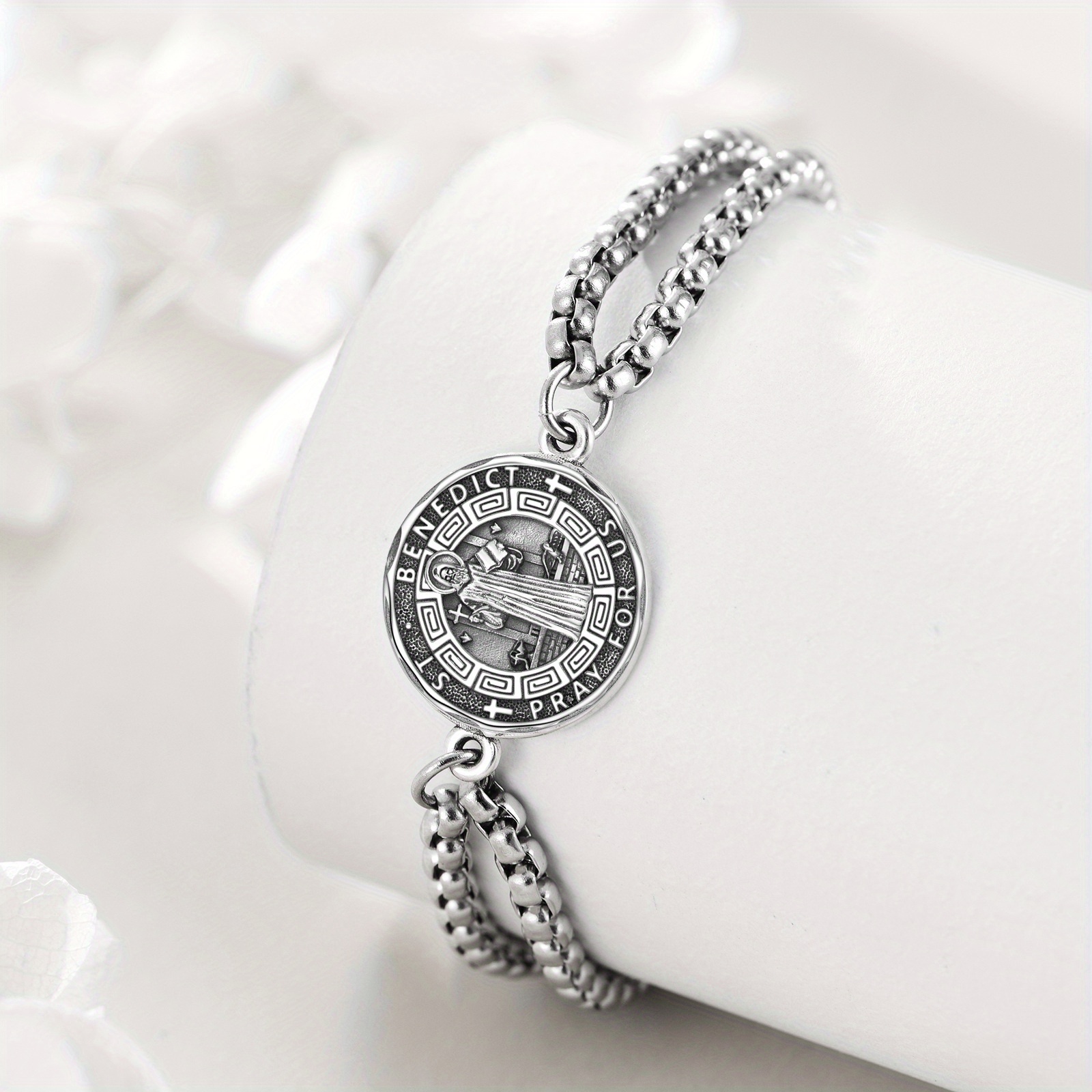 Men's Sterling Silver Saint Benedict Bracelet, Religious Gift