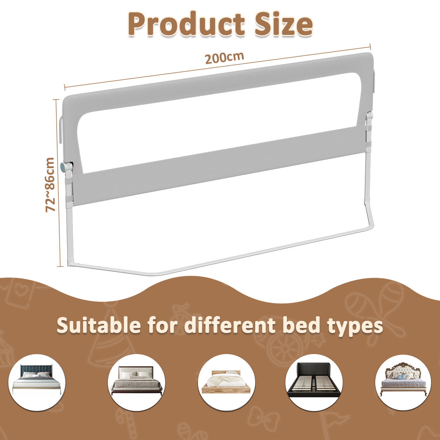 150/180/200cm Bed Rail Quick-fold Bed Guard Fall Protection Box Spring Bed Foldable Assembly Fall Protection Bed (gray)