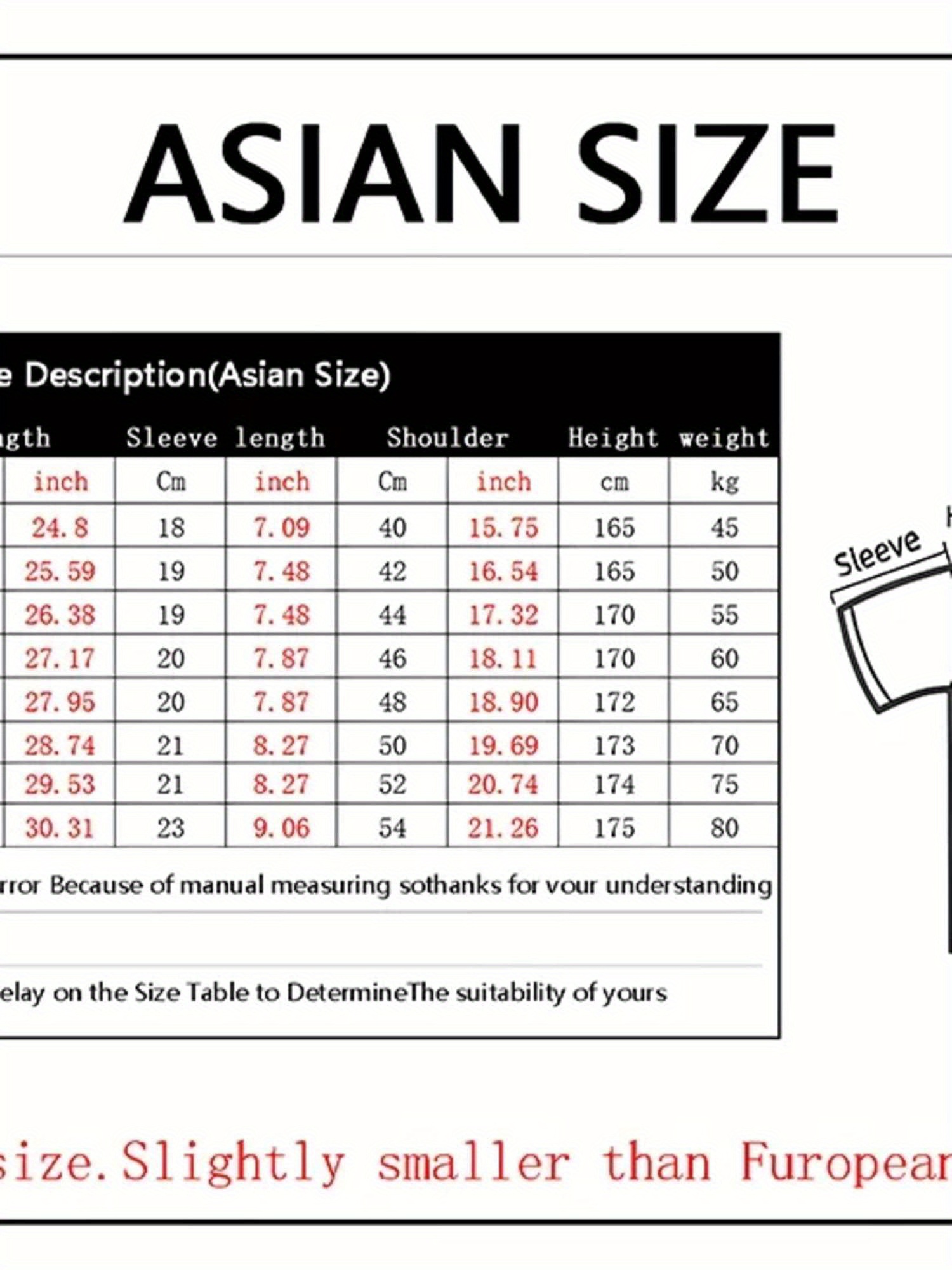Women's Unisex Asian Size Chart T-Shirt Heavyweight Measurement Guide  (S-3XL) Birthday/Mother's Day Gift Tee Machine Washable Casual Top for M