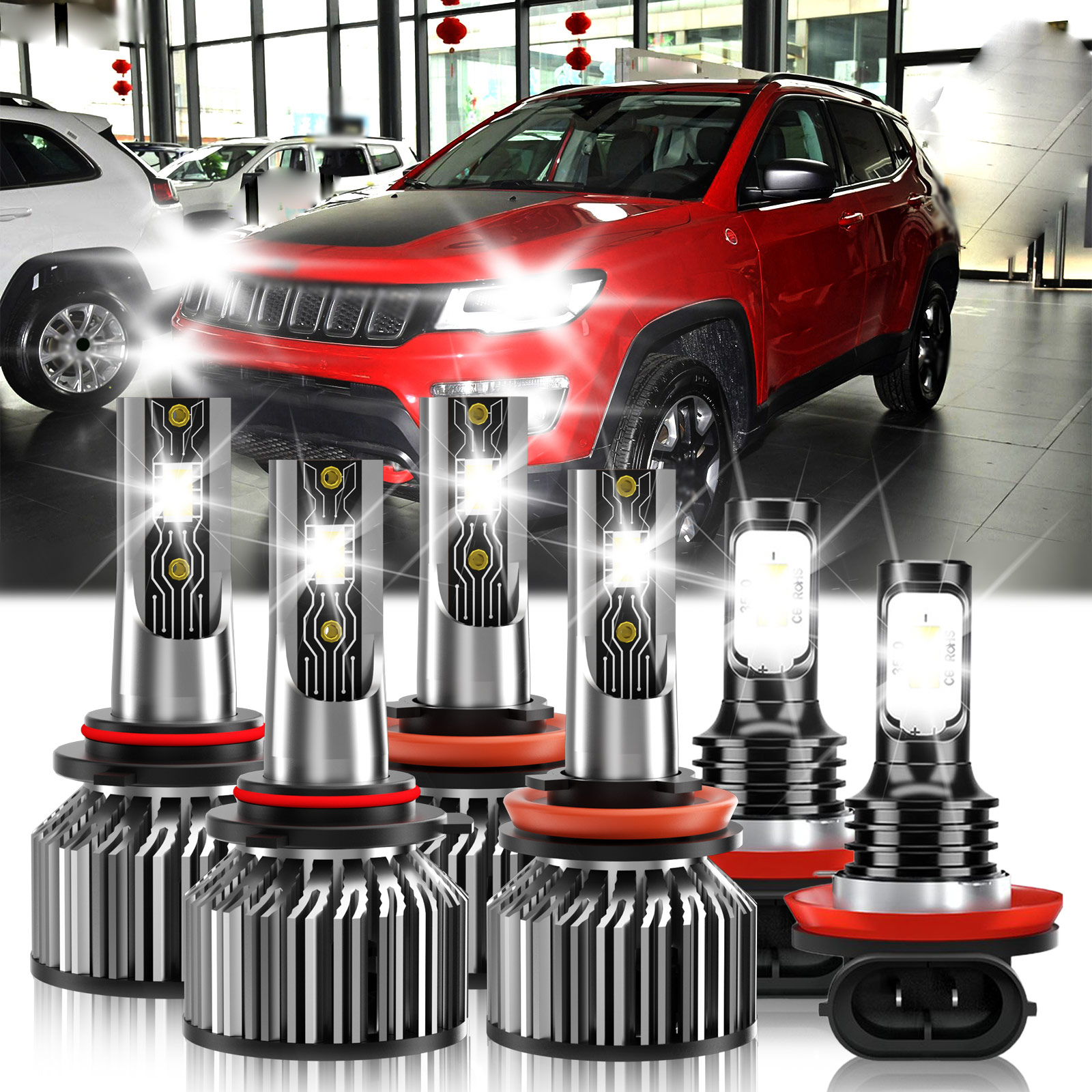 For Compass 2014-2021 6pcs 9005 9006 9005 Combo Led Headlight High/low Beam Fog Light Bulb 6500k White 26000lm