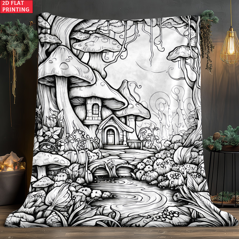 TEMU 1pc Mushroom Sketching And Coloring Patterns For Houses Portable Blanket - Lightweight Throw For Camping Livingroom Office Couch Chair And