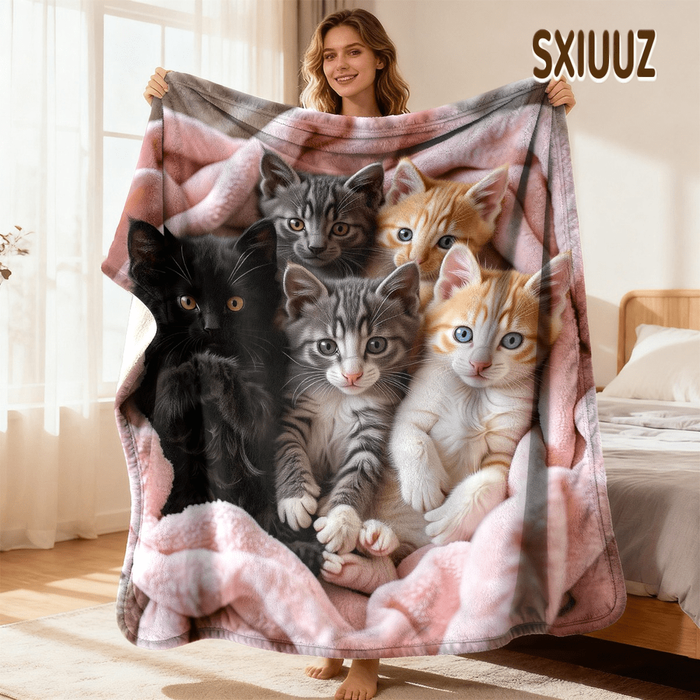 TEMU [sxiuuz]soft Plush Flannel Cat Print Blanket Cozy Fantasy Theme With 6 Adorable Kittens, Mixed Colors, Indoor Outdoor Use For Home, Camping &