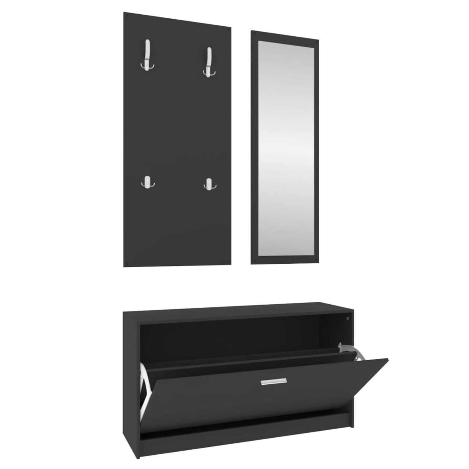 3pcs Black Wood Hallway Furniture Set - Includes Coat Rack, Shoe Storage Bench & Shelf