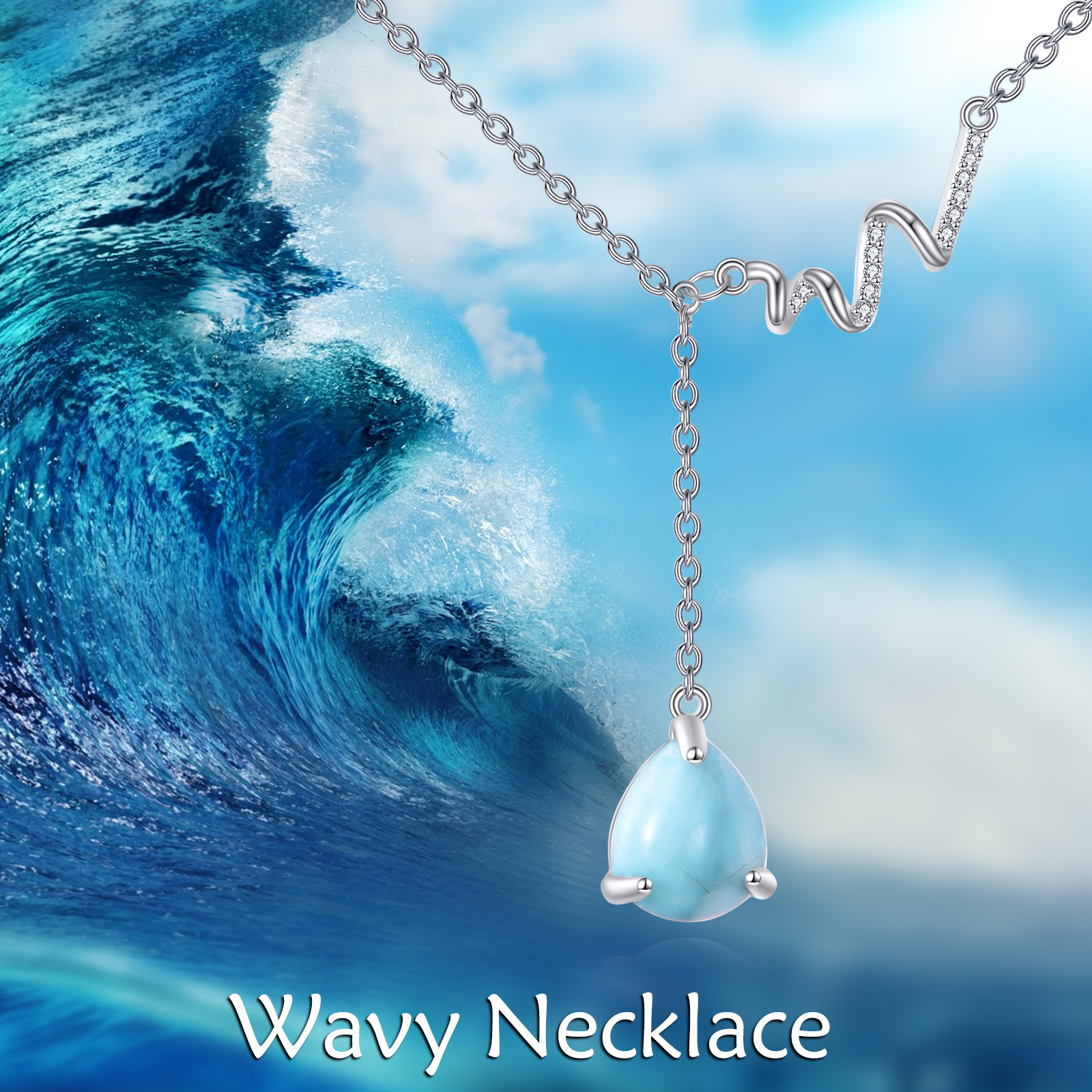 Sterling Silver Larimar Wave Necklace Y Shape Beach Jewelry