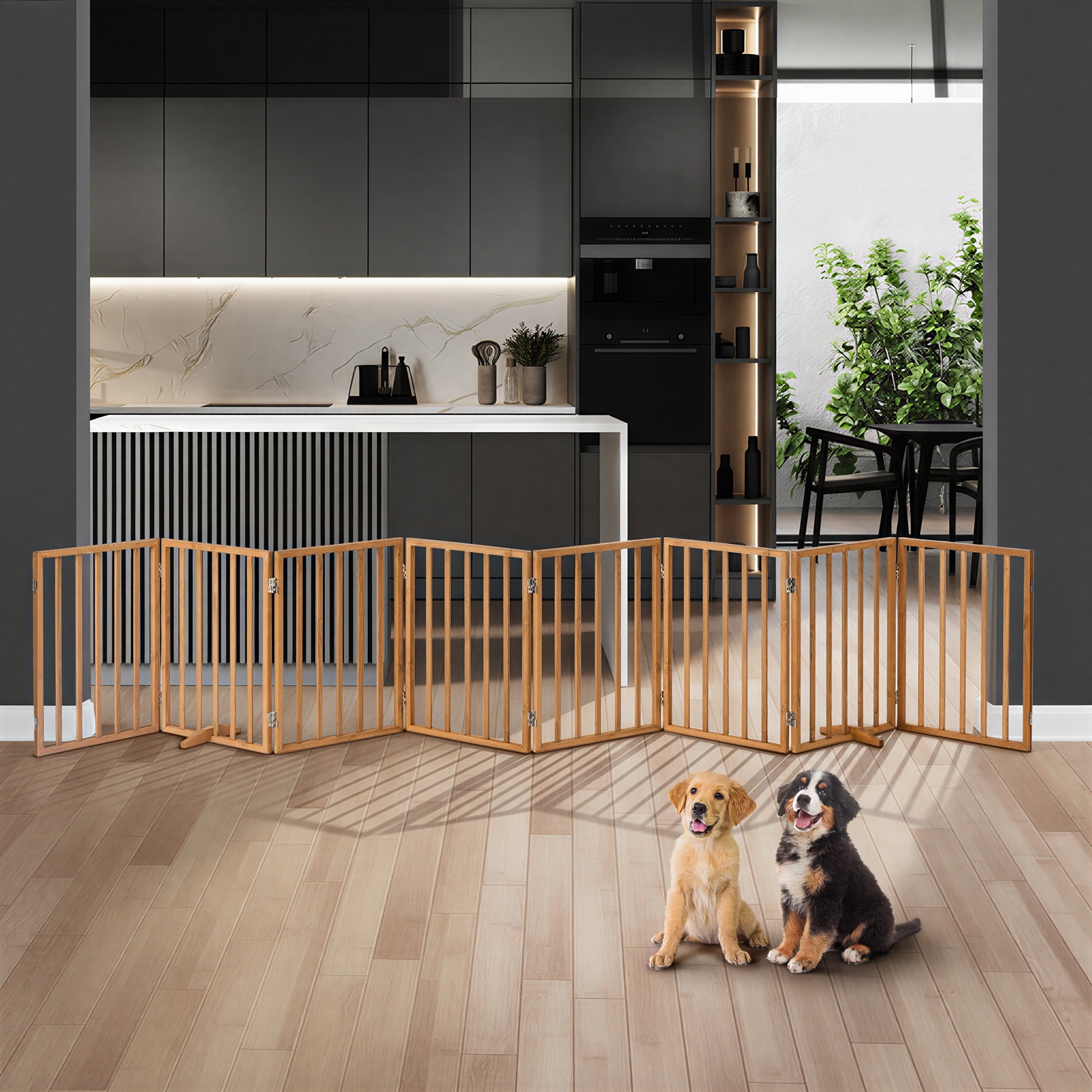TEMU 8-panel Solid Fir Wood Pet Gate - Free-standing Dog Fence & Playpen With Stair Barrier, No Assembly Needed, Natural Wood Panels Suitable For
