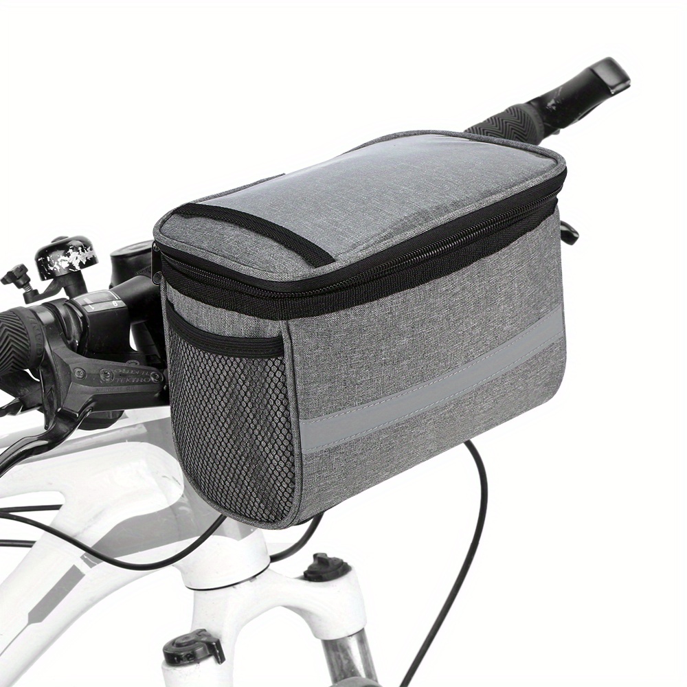 1pc bike handlebar insulated cooler bag   bike handlebar insulated cooler bag with reflective   tpe material bicycle front pannier with transparent pvc pocket quick release mounting black sku specific  