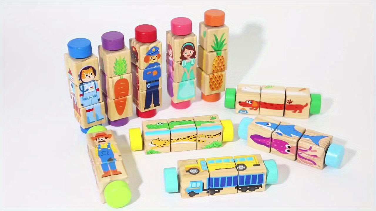 Wooden Animal Rotating Puzzle Blocks for Education