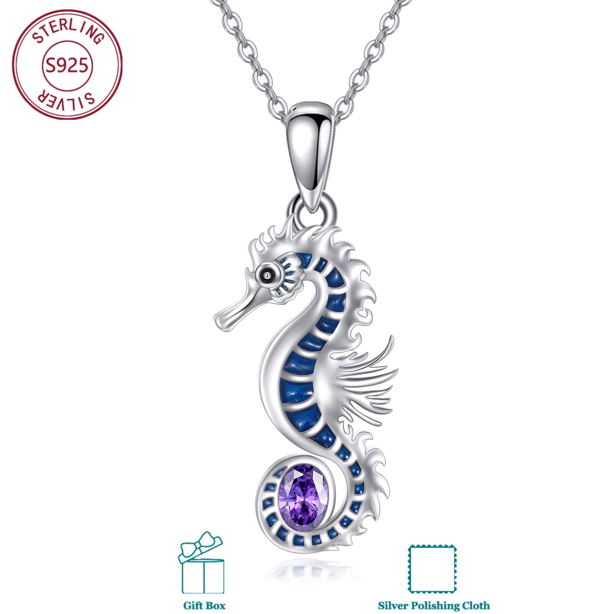 Image of 925 Sterling Silvery Seahorse Pendant Necklace With Synthetic Zirconia, Theme Unique Necklace, Cute & Unique Daily For