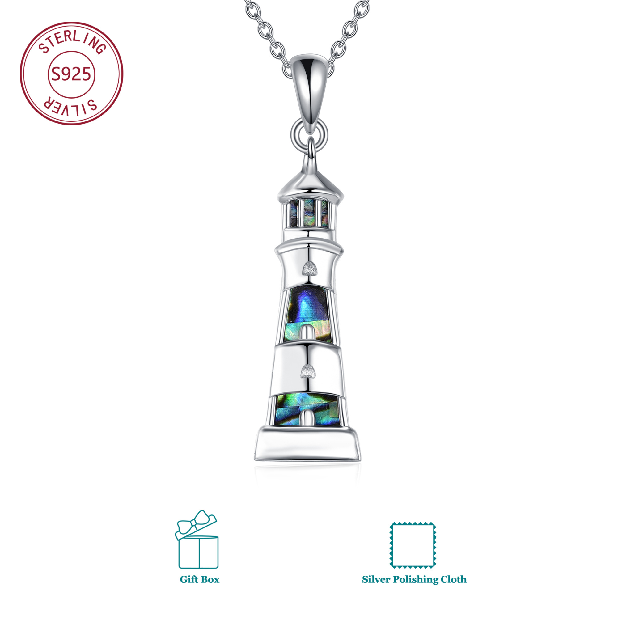 Image of 925 Sterling Silvery Lighthouse Necklace With Synthetic Abalone Shell Nautical Theme Jewelry Simple Resort Style Accessory Hypoallergenic