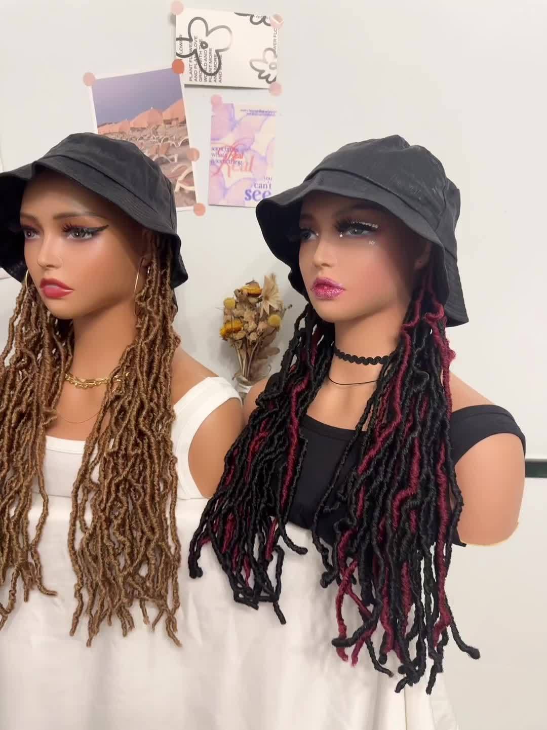 Long Braided Ombre Black Burgundy Highlight Synthetic Wig Box Braiding  Braids Hair Extensions With Summer Bucket Hat