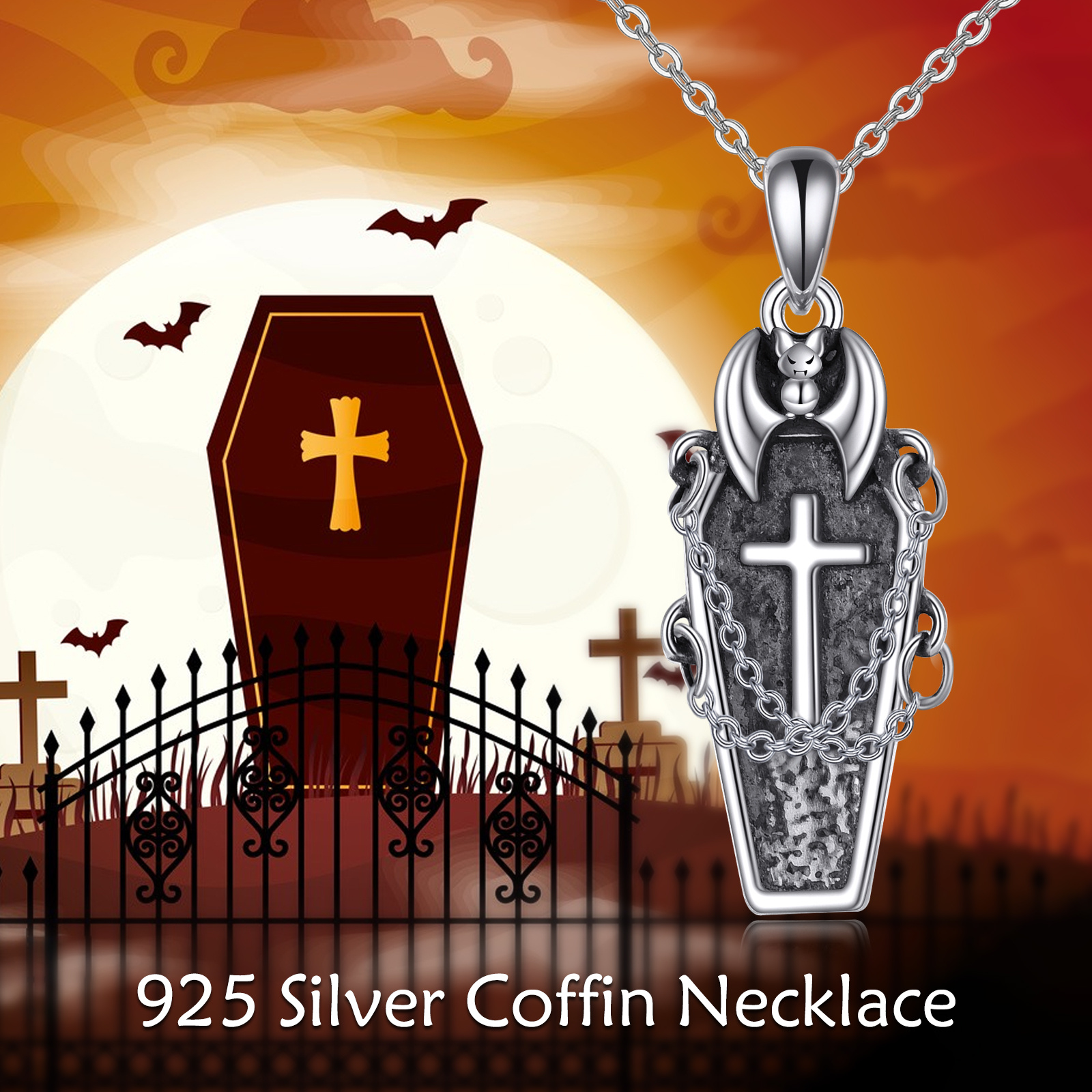 Women's 925 Sterling Silver Gothic Coffin Necklace, Statement Wear