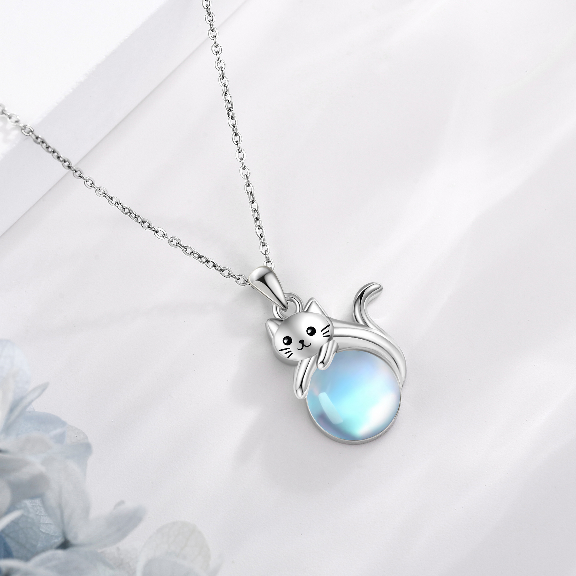 Sterling Silver Cat Necklace with Moonstone Pendant