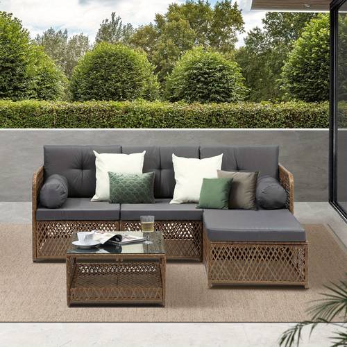 4 seater outdoor wicker sofa set with top coffee table ottoman uv resistant pe rattan brown gray all weather patio furniture modular l shaped l shape sectional easy assembly covers for garden poolside