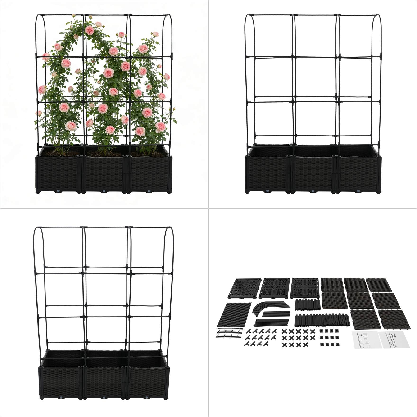 Image of 3-tier Rattan Woven Planter Box With Trellis Round Plant Container For Outdoor Patio, Raised Garden Bed, Used For Growing Vegetables, Plants, Flowers, Etc, Black, Pp