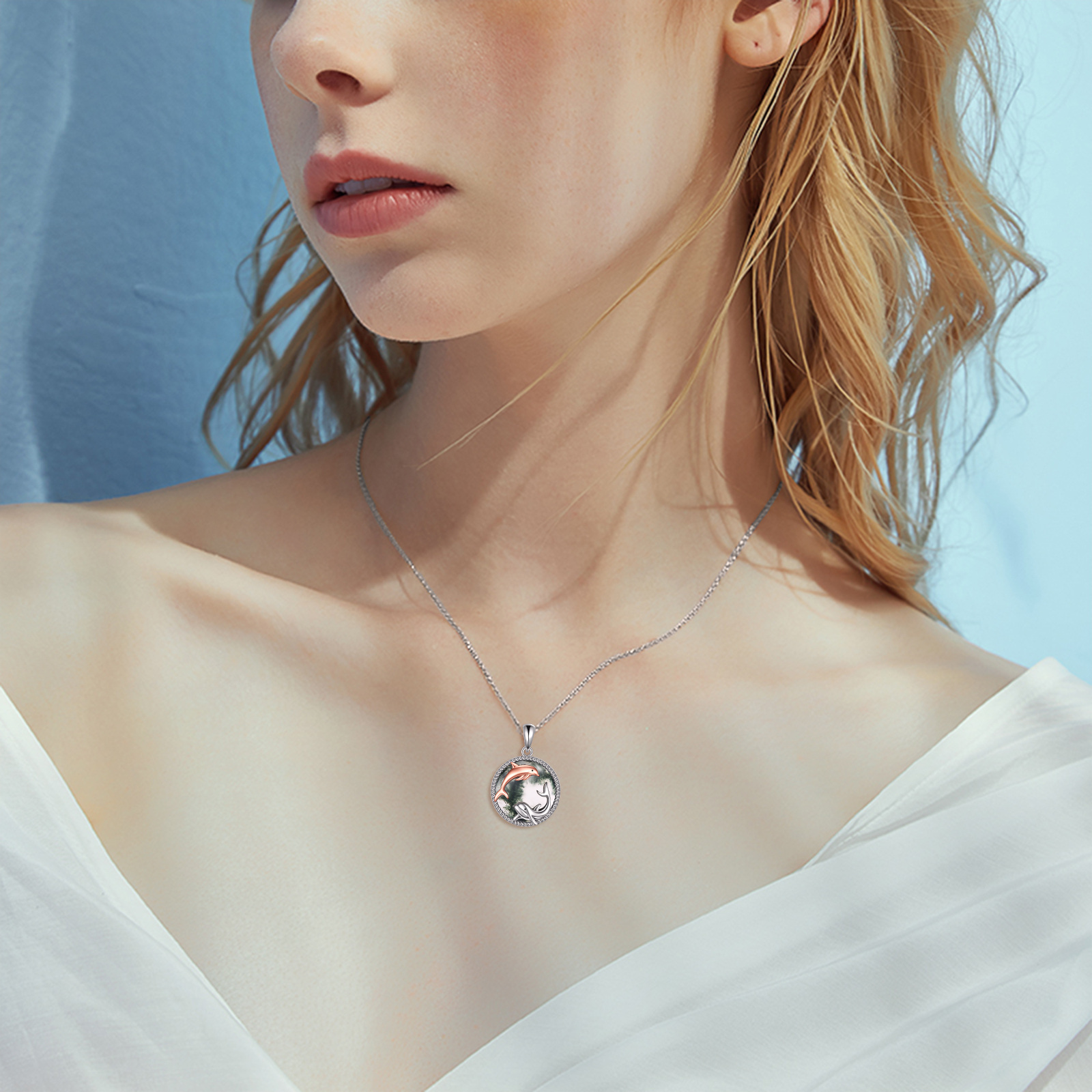 Women's Sterling Silver Dolphin Moss Agate Pendant Necklace