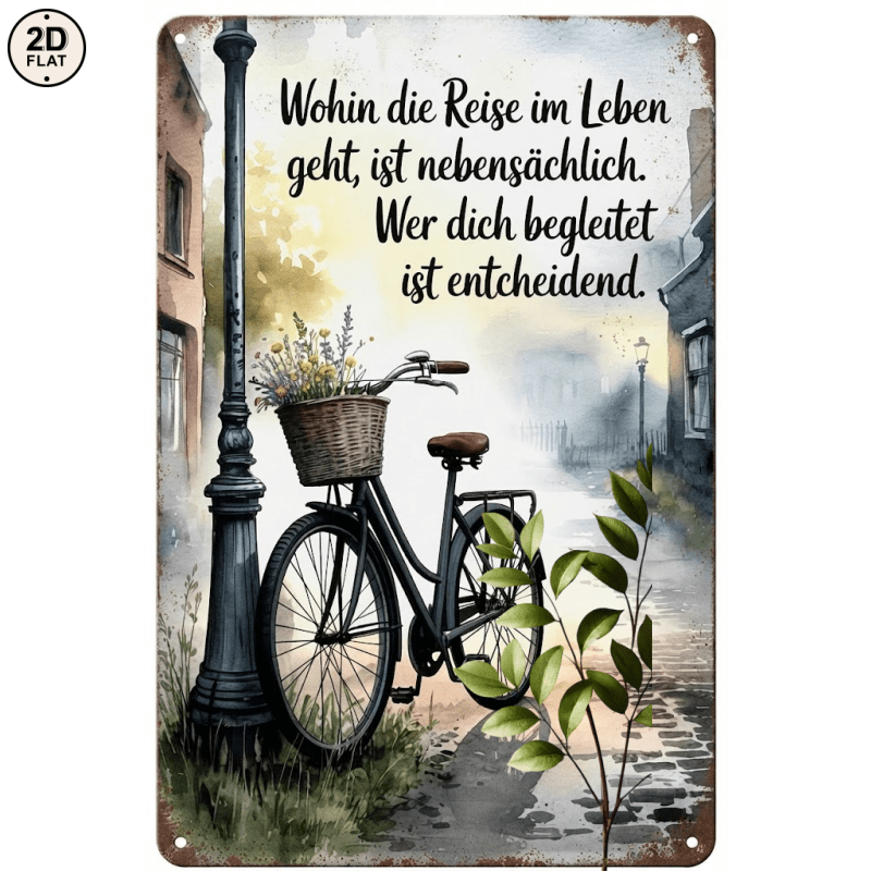 TEMU 2D Flat - 【2D Flat】 2D Flat - [2D Flat] 1 Stück Metallschild. Aquarell Vintage Fahrrad mit Blumenkorb Straße Deutsches Zitat Metall Blechschild