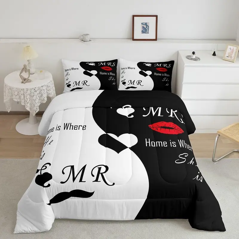 2 3pcs valentines day bedding set his and hers comforter set for women men black white comforter quilt set with 1 2 pillowcases room decor soft warm festival birthday gifts decoration ornaments Product details 1
