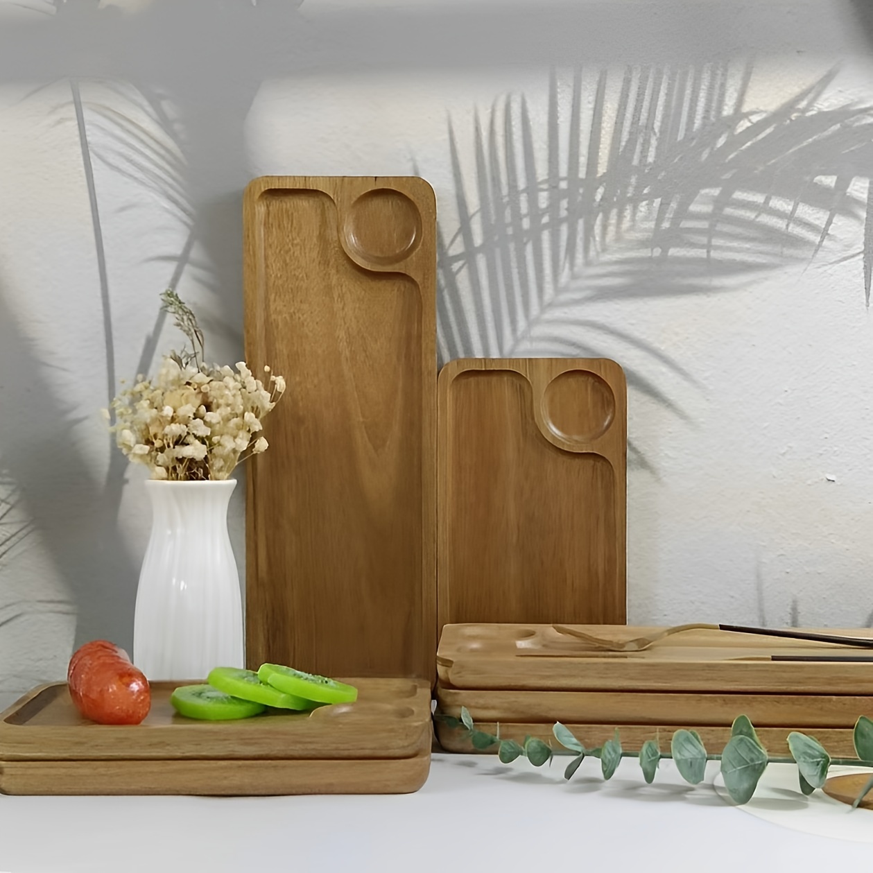 Paquete de 5 bandejas de madera de acacia maciza, tabla rectangular de  madera para servir aperitivos, platos para verduras, frutas, charcutería