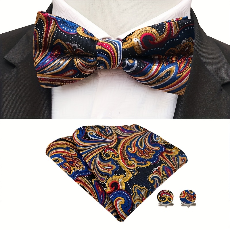 Men's Business Accessories Set, Solid Stripe Floral Necktie & Handkerchief & Cufflinks Set for Wedding Party,Temu