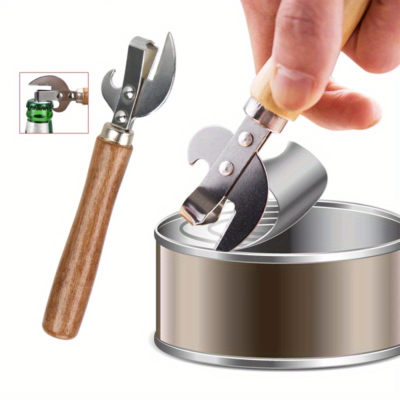 Manual Stainless Steel Can Opener Side Cut Wooden Handle Tin Jar