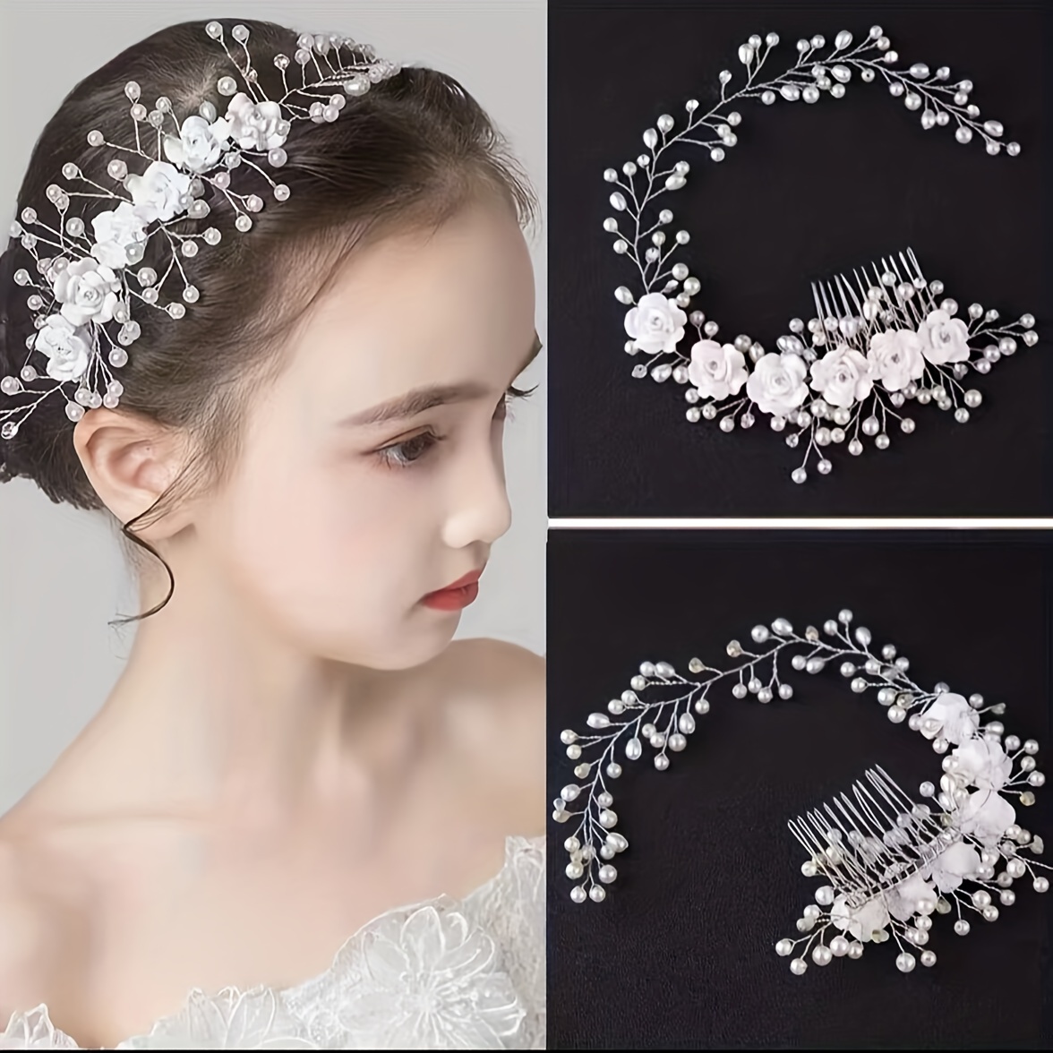 2 piezas de diadema de boda para niña de las flores, para novias, accesorio  para el cabello de princesa, diadema floral para niña, diadema de perlas
