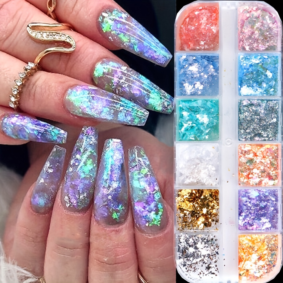 Opal Nail Flakes,1 Box 12 Grids Aurora Shiny Thin Nail Glitter  Powder,Chameleon Glitter Chrome Nail Powder Manicure Accessories for Resin  Face Body Decor DIY Craft(12 Grids Opal Powder) : : Beauty