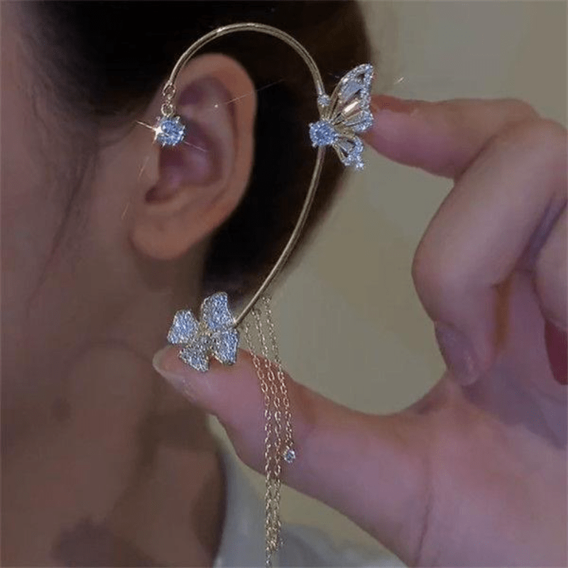 1 par de aretes de circonita estilo borla de mariposa para mujer, no  perforantes, brillantes, mariposa, flores, arete de oro y plata, para regalo