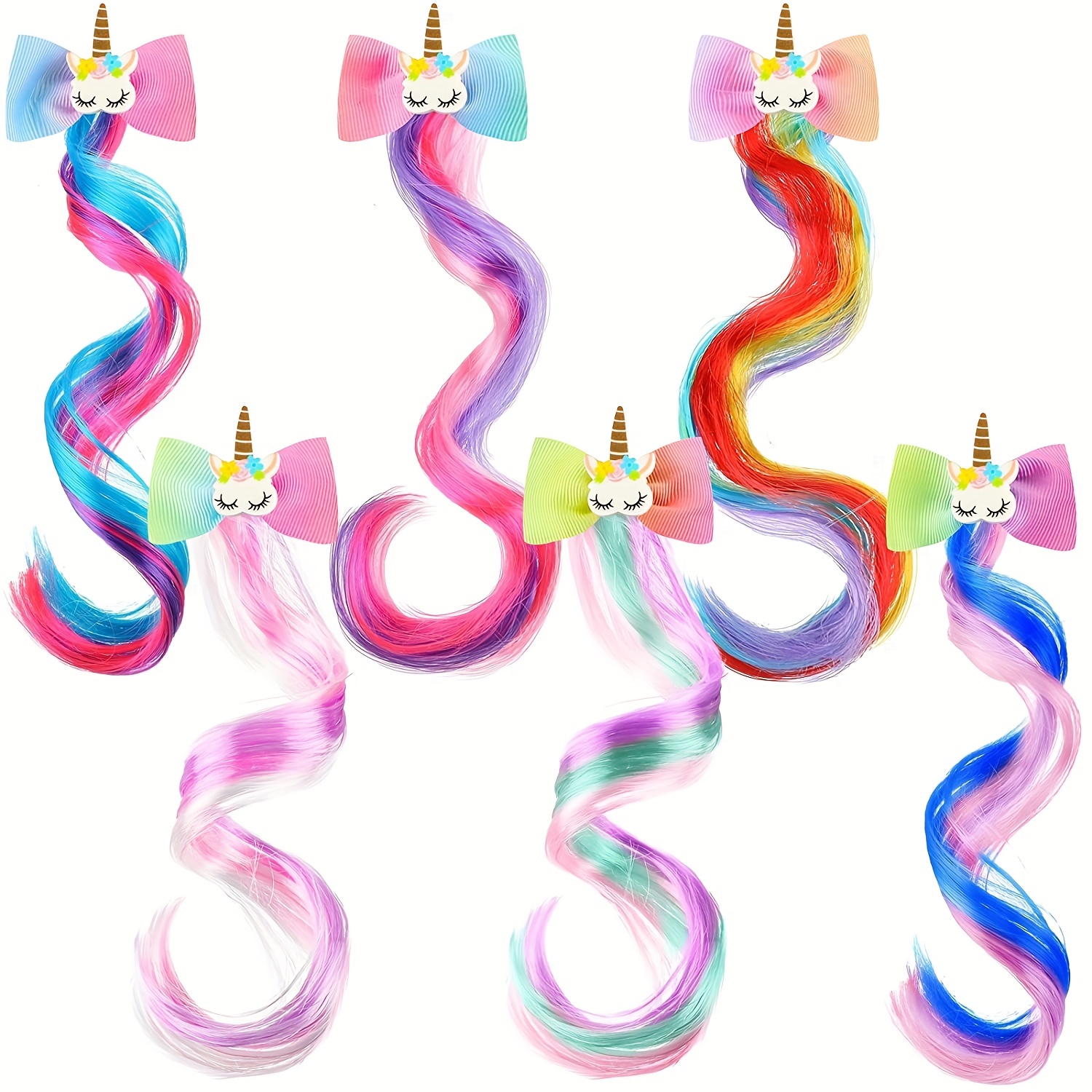 6pcs Colorful Unicorn Hair Extensions For Little Girls,kawaii Hair Clips  Ombre Color Hair Accessories For Kids Birthday Gift,princess Costume Dress  Up