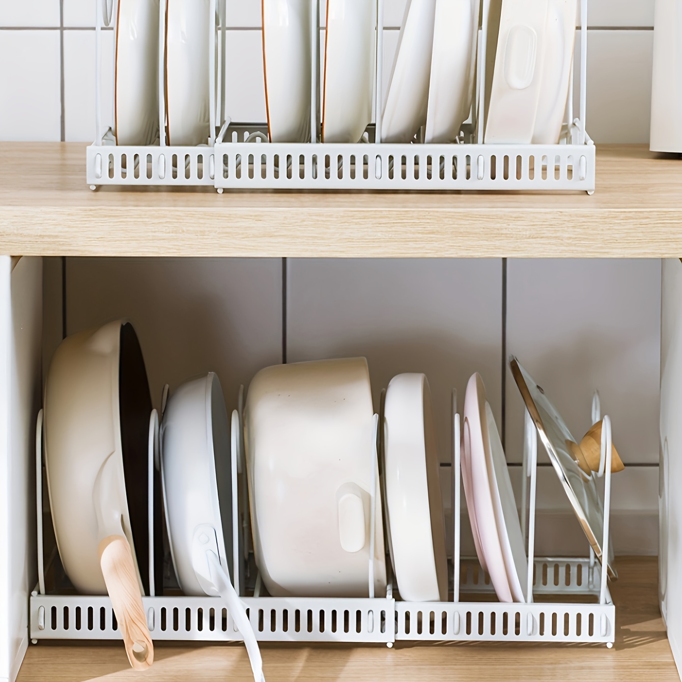  SIMPLEMADE Organizador de platos de cocina, organizador de  gabinete de metal de 2 alambres y estante de almacenamiento para platos,  platos, ollas, tapas de olla, tapas de sartenes, tapas de 