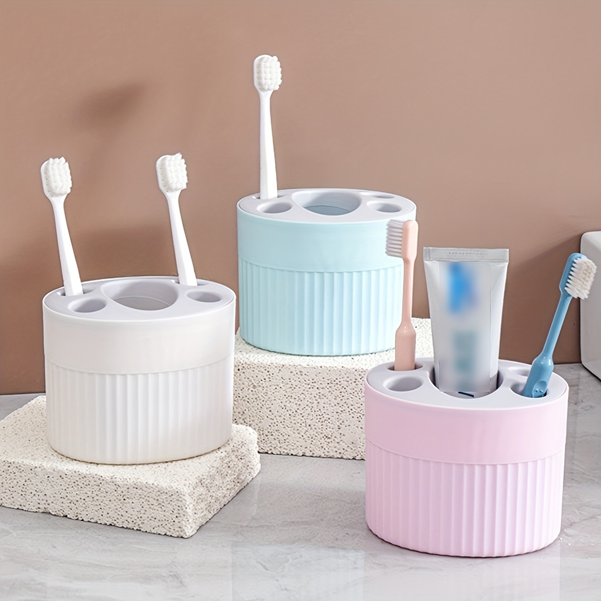 iHave Portacepillos de dientes, accesorios de baño con dispensador de pasta  de dientes, 3 tazas, soporte para cepillos de dientes, decoración de baño