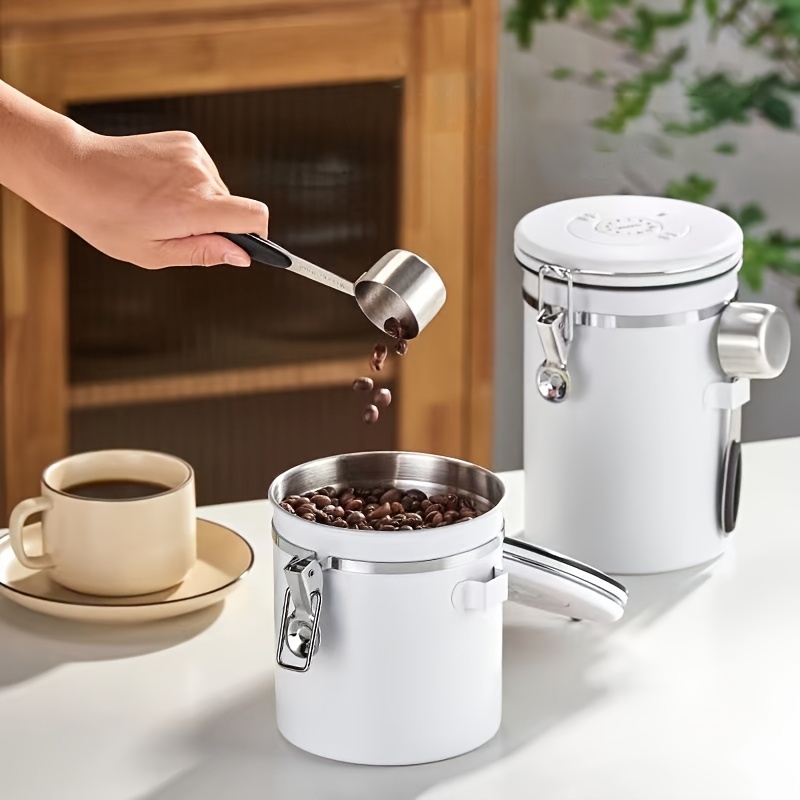  Recipiente de café hermético, recipiente de cocina de acero  inoxidable de 1.8 L con rastreador de fecha y tapas herméticas para café en  granos, café molido, azúcar, harina de té 