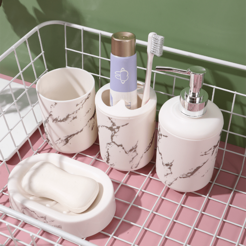 4pcs Bath Accessory Soap Dispenser Transparent Lotion Bottle Vanity Accessory Set Toilet Accessories Set Soap Dish Toothbrush Cup Decor Gray, Size